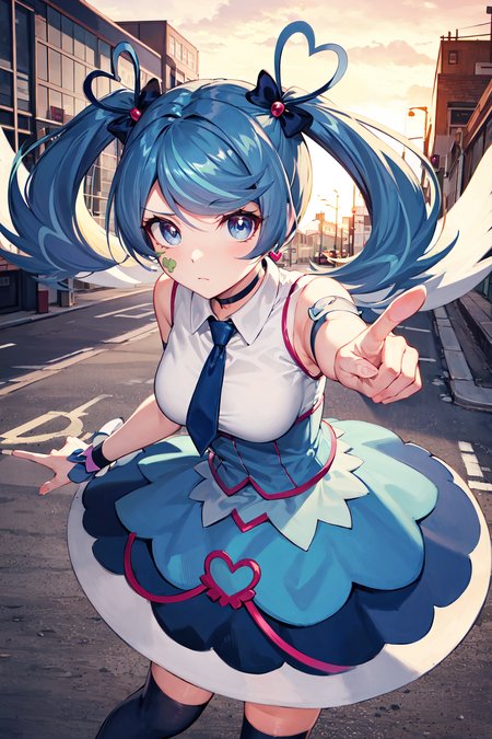 masterpiece, best quality, highres, heart hair ornament, ba1, 1girl, solo, jewelry, necktie, skirt, sleeveless, blue necktie, choker, breasts, black thighhighs, shirt, dress, blue skirt, skirt_ornament, wings, four-leaf clover_facial_tattoo, wrist cuffs, <lora:blue_angel_v1:0.7>, frown, leaning forward, pointing at viewer, street,