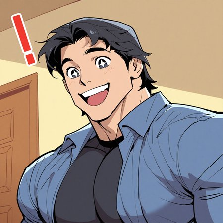 <lora:NIGHTWING_DFA-05:1> nightwing_dfa, solo, smile, open mouth, short hair, shirt, black hair, 1boy, pinprickly skin, big pectorals, big shoulders, big biceps,male focus, :d, muscular male, muscular, open clothes, teeth, indoors, black eyes, black shirt, upper teeth only, looking down, blue shirt, surprised, meme, !, +_+, door, round teeth, star-shaped pupils, sparkling eyes, excited, collared shirt, open shirt, motion blur, film grain, abstract, natural lighting, fantasy, cinematic, dynamic view, very awa, masterpiece, best quality, absurdres, newest, perfect quality, detailed background, intricate details, (artist:fl \(l-fl\):0.7), (artist:tooboshoo:0.7), (artist:dizdoodz:0.8)