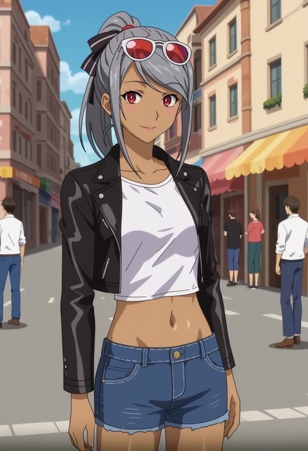 score_7_up, anime screencap,
<lora:HaremTime_YukieXL:0.9>,
1girl, solo, light smile, sunglasses, eyewear on head,
YukieHT, dark skin, ponytail, grey hair, red eyes, hair ribbon, black ribbon,
leather jacket, black jacket, white shirt, navel, denim shorts, blue shorts,
standing, looking at viewer, cowboy shot,
blurry background, outdoors, street