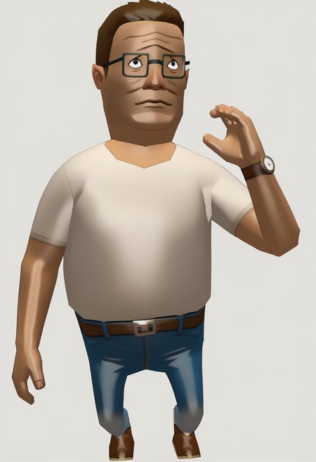 score_9, score_8_up, score_7_up, source_anime, 1boy, solo
<lora:zs_WindWakerStyleXL:1> windwakerstyle, 3d, full body, white background
 <lora:hankhill_pd:1> hankhillpd, glasses, brown hair, white t-shirt, jeans, belt, wrtistwatch, brown footwear, mature male, male focus, black eyes