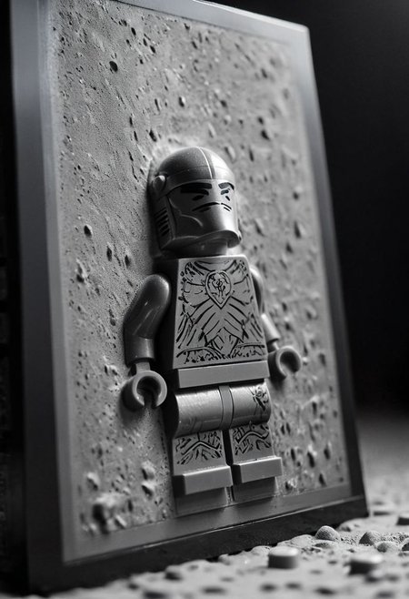 high-contrast monochrome palette, extreme closeup from sideview, floating dust particles, visible dust in light rays, vintage dusty atmosphere, cinematic quality, closeup, a lego Knight frozen in carbonite, deep Blacks, very detailed, atmospheric haze, Film grain, cinematic film still, shallow depth of field, highly detailed, high budget, cinemascope, moody, epic