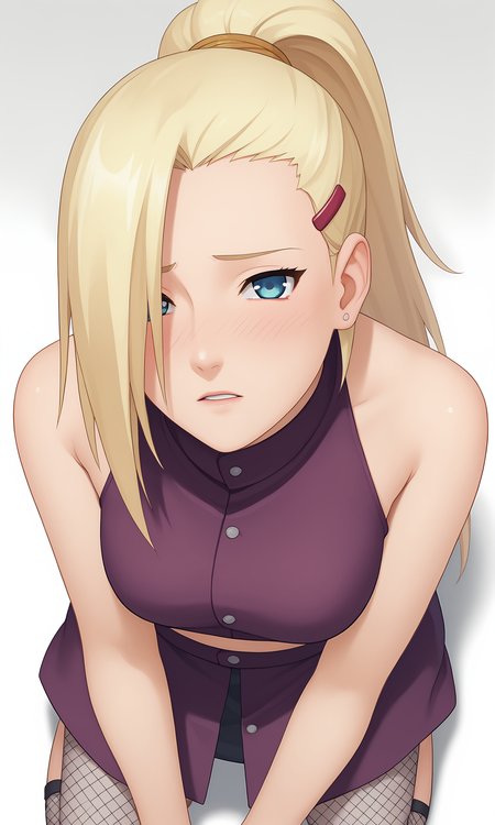 score_9, score_8_up, score_7_up, game cg,
from above, on knees, pov, 
yamanakaino, 1girl, ((looking at viewer)), long hair, blonde hair, crop top,  hair over one eye, hairclip, bare shoulders, high ponytail, blue eyes, arm fishnets,purple skirt, 
blush, shy, parted lips, half closed eyes, 
simple background, white background,
 <lora:Ino_PXL:1>