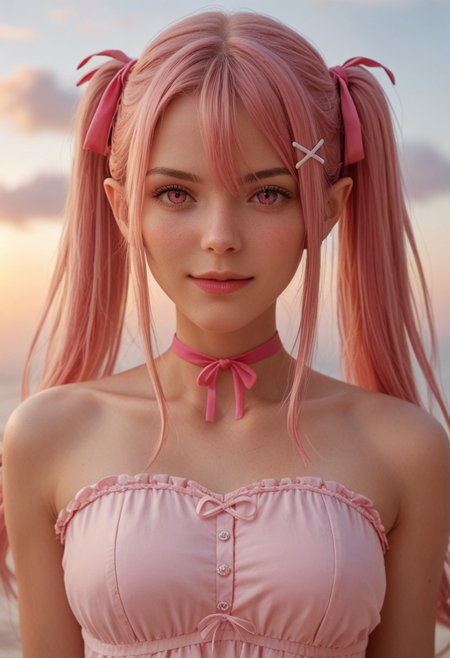 score_9_up, score_8_up, score_7_up, score_6_up, 1girl, 25 years old, perfect face, sexy, (adult),
(three quarter view), detailed face, portrait, face focus, depth of field, looking at viewer, blush, shy smile, close up,
pink eyes, 
pointy ears, 
pink hair, long hair, twintails, hair ornament, hair between eyes, hair ribbon, x hair ornament, long hair, sidelocks, (pink chocker), chocker, 
pink dress, layered dress, sleeveless, strapless, sundress, 
sky, pink clouds,