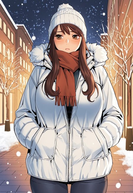 mia woo, long brown hair, side bangs, large breasts, wide hips, mature woman, manhwa, silent war  
wearing a thick winter coat with fur-lined hood, zipped halfway to reveal a scarf or turtleneck underneath, paired with black tights or jeans, and a warm knit hat  
standing in a snowy street, arms relaxed at her sides or hands in coat pockets, expression neutral or slightly indifferent, soft blush from the cold  
urban winter background, falling snow, cool lighting, solo character, color, calm and seasonal atmosphere