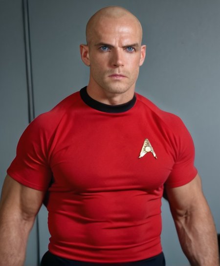 1boy, 20 year old male, Handsome, masculine, blonde, star trek, red shirt, muscle,  tall, tight shirt, wide pectorals, big shoulders, wide shoulders, muscular neck, German, bald, big pale blue eyes, abs, biceps, scowling facial expression, phaser, hand,

stunf, star trek uniform,
