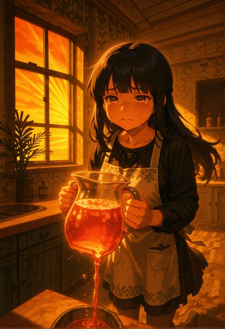masterpiece, best quality, absurdres, very aesthetic, newest, 1girl, fern, kitchen interior, (fern standing, holding pitcher, pouring into bowl:1.3), (sad expression, serious, tears running down cheeks:1.4), quiet atmosphere, cinematic lighting, sunset rays through window, warm orange glow, long shadows, emotional stillness, clean background, focused composition, soft rim light, melancholic tone, no chaos, no debris, serene scene, <lora:dmd2_sdxl_4step_lora:1>,  <lora:Kingpin_-_Life_of_Crime_Style_E17_DIM16_ILXL_V1.2:1>, <lora:oh_yeah:1.1>