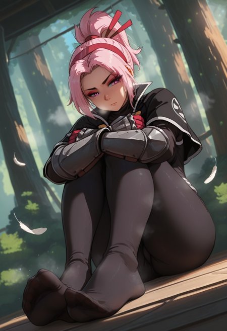 boneofarc,  outdoors, undershirt, falling feathers, black bodysuit, hair stick, hugging own legs, , gauntlets,   eyeshadow,   red gloves,  high ponytail,  , black capelet, red hairband, pink eyes, 1girl, solo, feet, visible breath,   dynamic angle, foreshortening, smell, steam,