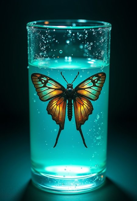 A ultra-realistic cybernetic moth floating gracefully in a glass container filled with a glowing turquoise liquid. Tiny bubbles rise slowly in the turquoise liquid. The glass container is cylindrical, with condensation forming on the outside. The background is dark and muted. The illuminated moth is the focal point of the image with a subtle reflection of the moth visible on the glass surface. Photorealistic style, ultra-high detail, 8K resolution, sharp focus.