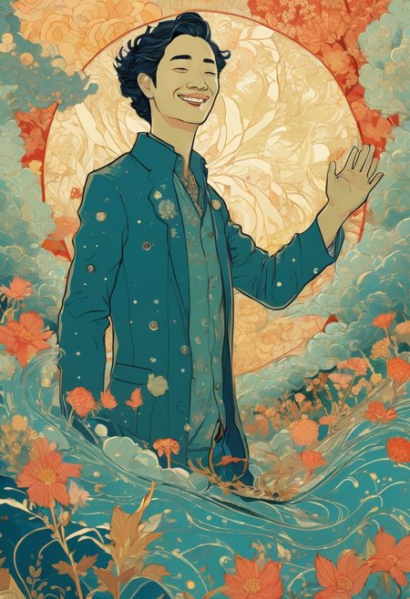 <lora:Victo Ngai Style:1>Victo Ngai Style - in vector style of dave arcade yuko shimizu james jean derek riggs, half body, front view, 1man, Tom Hank,  hand up and waving for hello., from front, look at viewer, happy face, smile, open eyes, close mouth,
