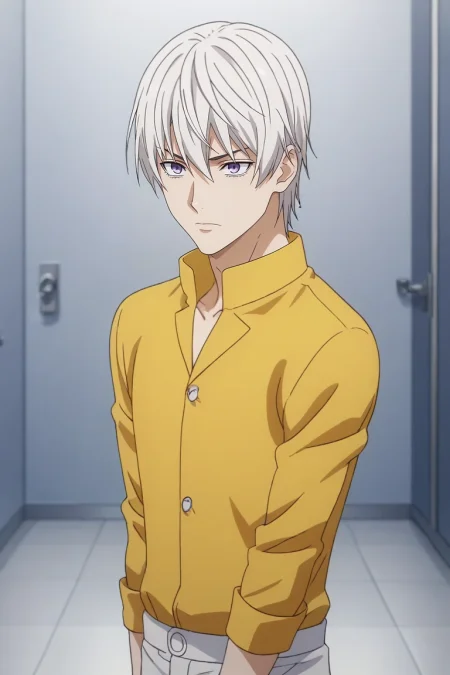 score_9, score_8_up, score_7_up, , rating_safe, , anime screencap, anime coloring, , , , 1boy, solo, male focus, <lora:eishi_tsukasa_pony:0.98>, eishi_tsukasa, white hair, purple eyes, short hair, hair between eyes, from afar, full body, hospital, light, jojo pose, nervous, , <lora:sdxl_lightning_8step_lora:1>