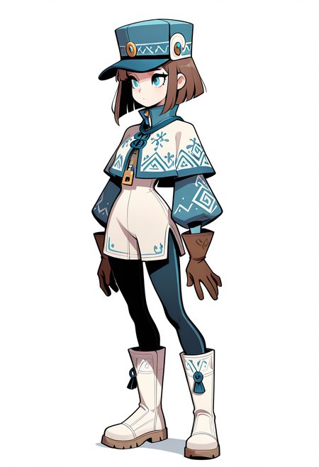 masterpiece, best quality, 1girl, solo, eyelashes, (beautiful eyes),    solo, simple background, gloves, long sleeves, hat, white background, standing, full body, boots, capelet, white footwear, brown gloves, blue headwear, zipper,  <lora:Style60_IXL:1.0>,
