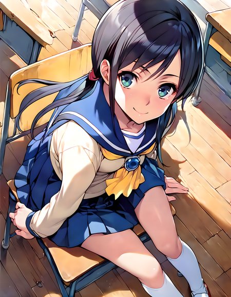 <lora:pony_xl_ayumi:0.8>,ayumi,score_9,score_8_up,score_7_up,source_anime,1girl,solo,looking at viewer,school uniform,serafuku,long sleeves,ascot,blue skirt,pleated skirt,kneehighs,wrinkling of clothes,white socks,uwabaki,shoes,classroom,chair,on floor,wooden floor,sitting_on_chair,knees_together_feet_apart,smile,front view,from_above,moody lighting,light and shadow,