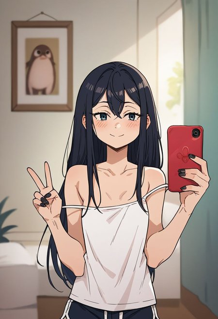 score_9, score_8_up, score_7_up, score_6_up, 1girl, 2d, heavy bold lines, expressive eyes, perfect face, tiny, small, short, petite, small body, small breasts, living room, depth of field, blurry background, innocent smile, long hair, black hair, dolphin shorts, spaghetti strap tanktop, holding phone, standing in front of mirror, solo, black fingernails, blushing, peace sign
