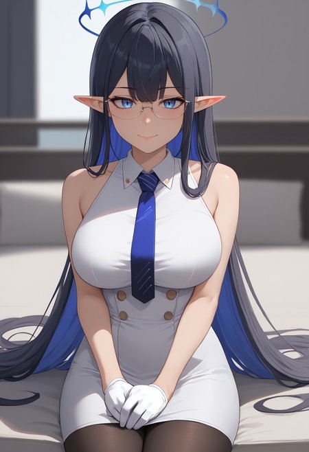 score_9,score_8_up,score_7_up,score_6_up, <lora:rin_blue_archive_xl:0.8>rin ba, looking at viewer, solo, rimless eyewear, sleeveless dress, necktie, blurry, pointy ears, white dress, 1girl, black pantyhose, blurry background, shirt, bare shoulders, sleeveless, thighs, colored inner hair, white gloves, dress, very long hair, blush, arm support, gloves, bare arms, sitting, collared dress, glasses, pantyhose, large breasts, smile, closed mouth, blue necktie