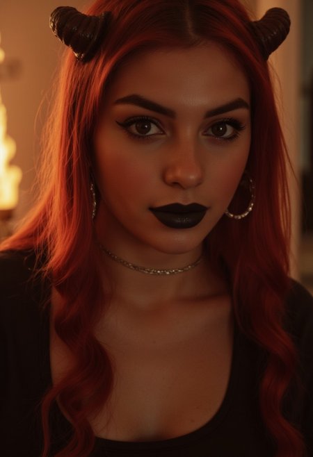 photorealistic shot of 1girl, long red hair, horns, dark eyes, black lipstick, glossy makeup, teardrop makeup, black latex outfit, choker, large earrings, fiery background, blurry background, warm lighting, indoor, detailed