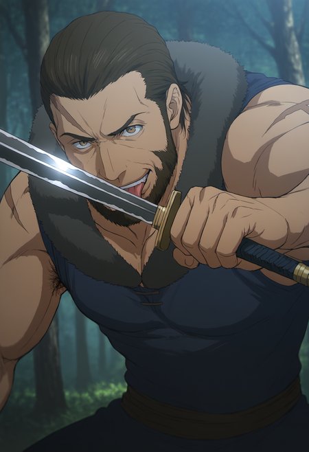 (((1boy))), bandit_SkeletonKnight, scars on face, beard, brown hair, brown eyes, veiny arms, score_8_up, score_7_up, score_6_up, score_9_up, a muscular man stand at forest, fantasy, ancient ,medieval, fur collar, (manly),sleeveless shirt, hairy, face_focus, middle-age man, muscular, centered,looking at viewer,  detailed eyes, 8k uhd, high quality, bare arms, arm up, armpit, evil_grin, fighting pose, attack, ((holding sword)), ((tongue out)), ((lick the sword)), armpit_hair, 