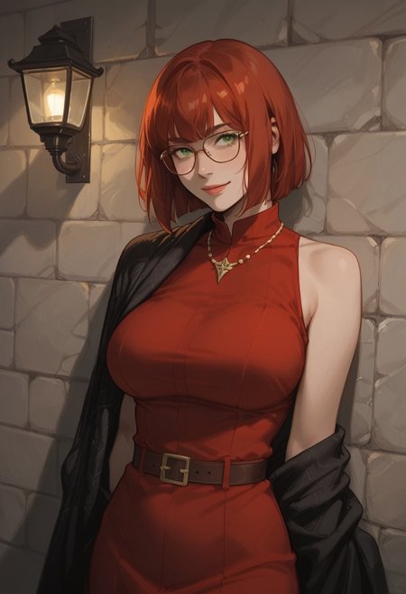 score_9,score_8_up,score_7_up,score_6_up,score_5_up, masterpiece, best_quality, ultra-detailed, straight on, cowboy shot, face focus
BREAK 
1girl, solo, short red hair, bangs, green eyes, aviator glasses, large breasts, standing, smiling, red sleeveless dress, black shawl, leaning against wall
BREAK
garden, stone wall, cobblestones, ivy, night, gaslight lamps, fog, shadows