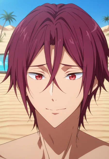 masterpiece, best quality, intricate details, anime screencap, , , , 1boy, solo, male focus, <lora:rin_matsuoka_ilxl:0.92>, rin_matsuoka, red hair, red eyes, hair between eyes, desert oasis, palm trees, clear pool, sand dunes, drinking water, relieved expression, midday,