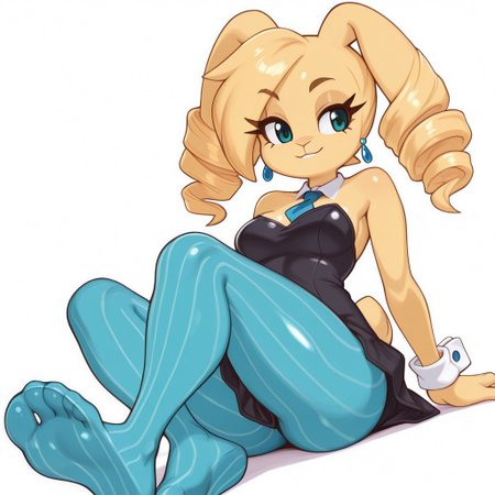 Masterpiece , high quality, 1girl, solo, rabbit girl, blonde body, furry, anthro, blonde fur, 1girl, blonde hair, twin drills,  black school uniform, dress, blue pantyhose, striped pantyhose, rabbit ears, bunny girl,blue earrings, animal ears, animal nose, white background, sassy, medium breasts size, smiling, bare shoulders,sleeveless, anime eyes, detailed eyes, blue tie, eyelashes, aqua cyan eyes, beautiful eyes, bright colors, light eyes color, shiny skin, muscular, solo, dynamic pose , showing soles, showing feet