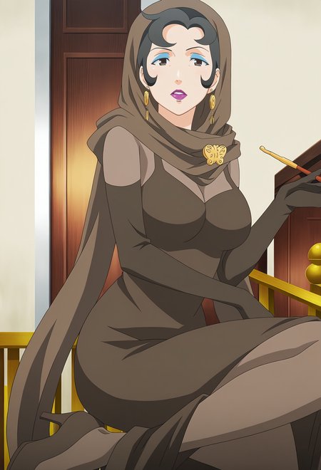 anime screencap,anime coloring,detailed face,masterpiece,best quality,very aesthetic,absurdres,volumetric lighting,official style,amazing quality,ultra detailed,highres,amazing quality,scenery,beautiful detailed hair,beautiful detailed eyes,<lora:Himegami Sakura-IL V1:1>,
Himegami Sakura,1girl,solo,makeup,gloves,earrings,lipstick,jewelry,elbow gloves,smoking pipe,dress,scarf,black hair,breasts,hood,pantyhose,brown high heels,