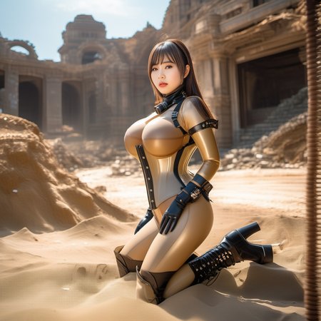 Wasteland:1.3, sun, ruins, big oppai:1.5(Idol Girl)(slim waistline),giant manga sized breasts, (beige transparent latex suite) (full body),one Japanese asian, sexy (Professional photography, 4k),realistic, boots,  <lora:LatexXL:1>