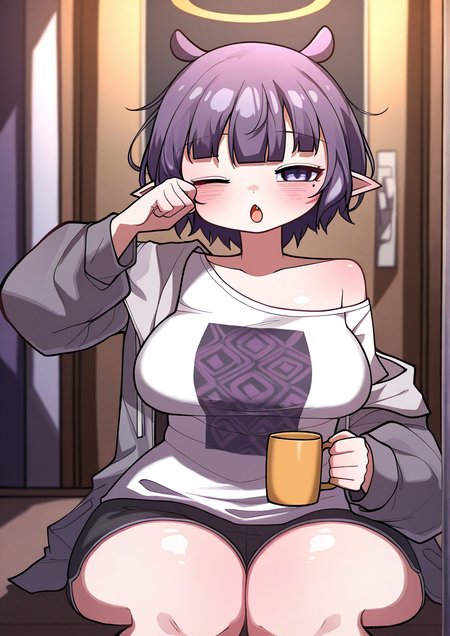 <lora:mandugaeCHONGDUGAE:1>,1girl, ninomae ina'nis, ninomae ina'nis (loungewear), detailed background, huge breasts, wide hips, :o, black shorts, blunt bangs, blurry, blurry background, blush, chestnut mouth, collarbone, cup, door, drawstring, eyelashes, fang, grey jacket, hallway, hand up, holding, holding cup, indoors, jacket, long sleeves, looking at viewer, mole, mole under eye, mug, off shoulder, official alternate costume, one eye closed, open clothes, open jacket, open mouth, pointy ears, print shirt, puffy long sleeves, puffy sleeves, purple eyes, purple hair, rubbing eyes, shirt, short hair, short shorts, short sleeves, shorts, sidelocks, single bare shoulder, sitting, sleepy, solo, t-shirt, white shirt, 
very awa, masterpiece, best quality, highres, absurdes,amazing quality