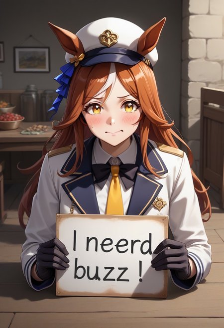 ( Latex,manhattan_cafe_(umamusume), ,(need_buzz, holding sign)1girl,  need_buzz, holding sign with another hand ,yellow_necktie,black long hair ,white_gloves,  : 1.3), fake smile, nervous sweat, wavy mouth, squatting, looking at viewer, very awayellow eyes,pants, ear_covers, gloves, hat, horse_ears, horse_girl, horse_tail, jacket, , long_hair, , mismatched_gloves, , tail, two-tone_bow, two-tone_bowtie,  white_hair, white_hat, white_jacket, white_skirt, Herbs Morph