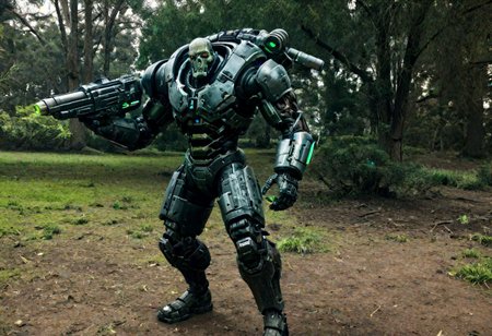 solo,full body,outdoors, a cybermutant with an arm cannon wandering through a parl