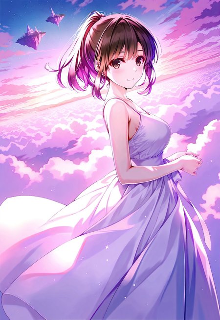 safe_pos, 1girl, misaki kurehito, Megumi,brown hair,katou megumi,brown eyes,medium breasts,ponytail, short hair, 

dreamscape theme, floating island, surreal sky, wearing a soft, flowing white gown ,silver accents that shimmer like stardust, glowing orbs ,stars scattered in the sky, soft smile, the ground beneath her covered in delicate flowers, pastel tones and soft lighting, a dreamy and otherworldly atmosphere, soft clouds in the background, peaceful and serene vibe, wide-angle shot, magical, infinite perspective,

masterpiece,best quality,high quality,good quality,newest,((detailed eyes))