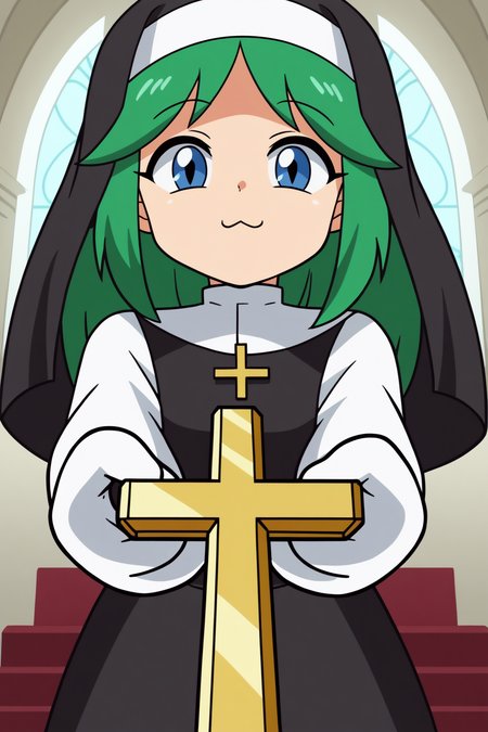 rating_safe, perspective, looking at viewer, leia_the_cat, anime screencap, nun, green hair <lora:Game_Tengoku-Leia_the_cat-PDXL:0.8>