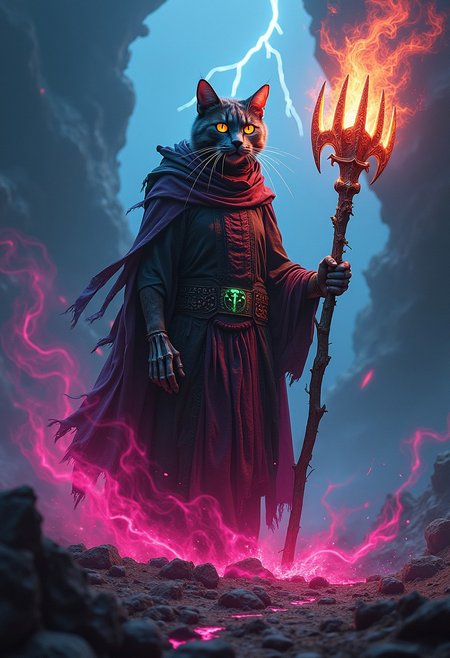 An awe-inspiring cat necromancer stands in a dark, foreboding wasteland, draped in tattered black and magenta robes glowing with orange arcane energy. His skeletal hands hold a twisted pitchfork radiating pulsating limegreen light, as streams of vibrant mavy blue magic swirl and erupt into the air, forming ghostly apparitions and skeletal figures. The necromancer's eyes blaze with an eerie glow, while the cracked earth beneath him glows with ancient runes. A swirling vortex of pink mist and energy surrounds him, casting eerie shadows under a stormy sky lit by flashes of lightning. Highly detailed, cinematic lighting, dark fantasy aesthetic, with dramatic contrasts and dynamic magical effects