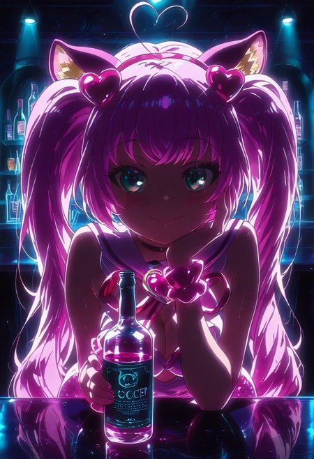 Expressiveh, score_9, score_8_up, score_7_up, score_6_up, score_5_up, score_4_up, godrays, 1girl, pose, smile, looking at viewer, hotel bar, neon, color lights, dim, night, (bent over table), face focus, sexy, ((holding a bottle of wine)), drunk, (glittering pastel clothing, glossy sparkling fabric)  makeup, long eyelashes, glossy lipstick, blush, eyeshadow, hand on the cheek
(((rosia_(show_by_rock!!),))),