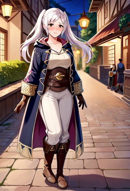 score_9, score_8_up, score_7_up, score_6_up, source_anime,medieval, outdoors,street_background,village,night,
<lora:femaleRobin_def:1>,RobinF_def, robin \(female\) \(fire emblem\),twintails, white hair, long hair, brown eyes,brown gloves,robe, pants, long sleeves,boots, large breasts, (sweat,blush:1.3), nervous smile,full body,
