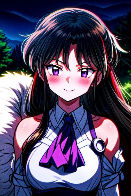 masterpiece,  best quality 1girl Setsun4 solo long hair,  (night time) forest background black hair very long hair purple eyes multicolored hair armor (fur trim) (medium body),<lora:EMS-179-EMS:0.800000>,<lora:EMS-293862-EMS:0.800000> bow, hair_bow, hair_tubes, red_bow, brown_hair, long_hair, bangs, ascot, frilled_bow, yellow_ascot, blush, smile, hair_between_eyes, athletic