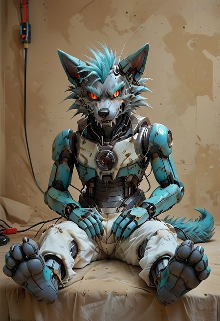 (((Barefoot furry character, full body, cinematic setting, furry male, plantigrade))) 
(((Gilliam))), wolf boy, white pajama, ((wired, hijacked, hacked, corrupted, reprogrammed, brainwashed, mindwiped, )), sitting, spread legs, m pose, nice metalic feet paws, ((nice robotic feet paws)),  three toes, claws, pawpad, determined look, (((restrained))), tilted head, drooling
BREAK
(((gilliam wolf, evil eye, sharp, red fluff tail, cyan hair, robot, cybernetic wolf, metallic))), (((screens with matrix code)))
BREAK, intricate details, highly detailed, extreme detail, octane render, fine art, best quality, highres, (detailed face:1.5), ((full_body)), UHD, (((perfect hands))), low light