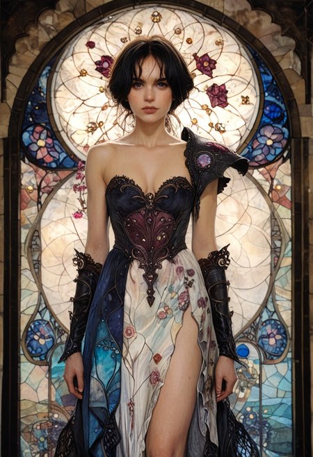 score_9, score_8_up, score_7_up, 
In MADMAX world, a valiant warrior Bionic Woman, Tomie Kawakami from junji ito collection anime ,1girl, looking at looking at viewer, Heavy Night Dress, Stained glass , big natural breast, background, ArsMJStyle, art nouveau,   <
, the scene is captured in dimly lit dark fantasy but vibrant colors, with bold ink lines defining form against the watercolor wash of the aged paper
(Art Noveau), ArsMJStyle,
