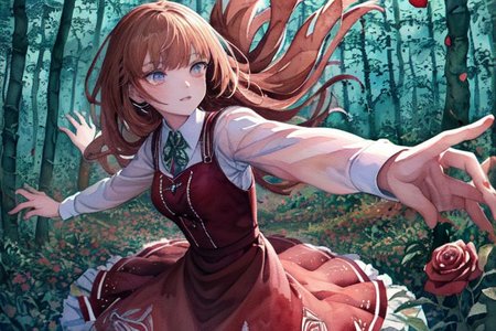 (masterpiece:1.4), 4K8K, (anime style, watercolor painting), (high shutterspeed:1.1), (sharp edges), 
flower rose, 1 woman prey with hands togather, neeling, leaning foward, 
wearing Celtic style dress, (Detailed face, Detailed eyes), 
(chestnut-colour:1.4), in the forest at night,