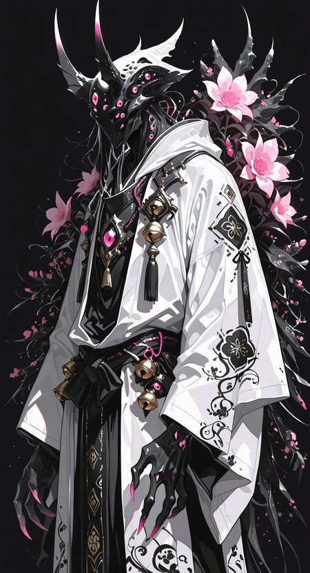 masterpiece, best quality, good quality, very awa, newest, highres, absurdres,  solo, 1boy, standing, male focus, flower, cowboy shot, horns, wide sleeves, bell, mask, colored skin, white jacket, black background, pink flower, claws, robe, floral background, extra eyes, black skin, white robe, fewer digits, limited palette, h4ra_illu <lora:illustriousXL_stabilizer_v1.23:0.3> <lora:NOOB_vp1_detailer_by_volnovik_v1:0.3> <lora:ponyv6_noobE11_2_adamW-000017:0.3> <lora:114558v4df2fsdf5:0.6> <lora:XXX667:0.4> <lora:-_iLL_-_the_edgy_mech_V2.0-:0.8>