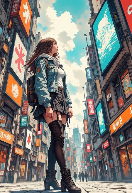 young Asian woman in a denim jacket, white cotton t-shirt, short black ruffled lace skirt, thigh-high stockings, black high heel boots, looking up at video-screen advertisements in Tokyo shopping district in Shibuya, long loose hair, outdoors.  Impressionistic anime-style scene, Mixed art style, loose, painterly impressionist brushstrokes for depth and atmosphere, anime-style character details, ligne claire outlines for clarity and structure, In the style of ff-td, sm41l33 comic.