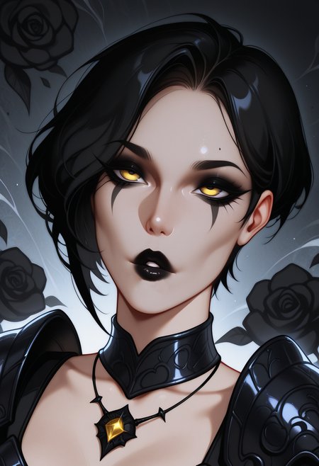 masterpiece, high quality, amazing detail,
1girl, solo,
ss-shahd33, yellow eyes, short hair, black hair, lipstick, black makeup, black facial mark, collar choker, necklace, black armor, shoulder armor,
portrait, face focus, parted lips, dynamic angle, black roses, abstract background,
<lora:Shahdee_-_PoPWW_ILLU_by_SulfurSniffer:0.7>,  <lora:Enia_-_ILLU_by_SulfurSniffer:1> ss-3n1a-ullu, lips