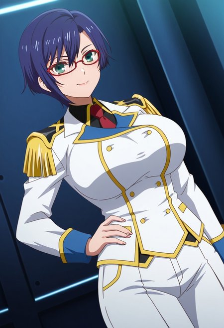 general,highres, ultra-detailed,very aesthetic,best quality ,best hands,best eyes,easynegative,
dynamic anglre, dutch angle, anime cloring,anime screencap,
1girl solo,looking at viewer,wilderness,smile, hand on hip, 
Kasumi Shigure,blue hair,short hair,green eyes,huge breasts,glasses,military costume,