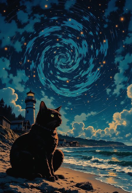 on the beach at night, under a bright starry sky with swirl patterns ((The sky is filled with Van Gogh style, twisted into swirl lines, creating a feeling of movement, as if the stars and clouds are pulsating and rotating)) 
A black cat sits on the shore. In the background you can see a lighthouse, illuminating the shore and the houses nearby, creating an atmosphere of comfort and mystery.