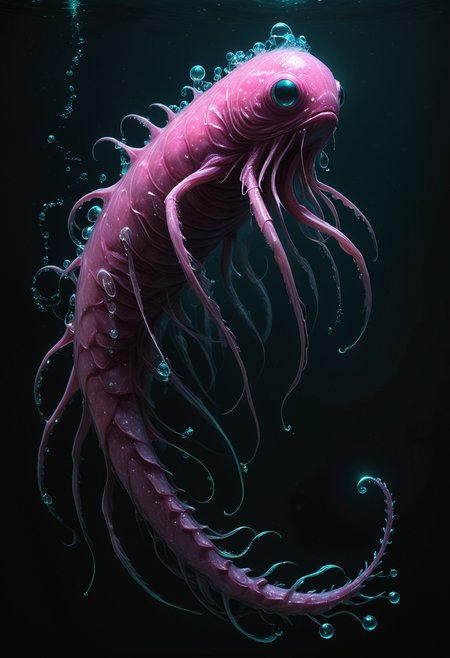 (medium full shot) of (otherworldly pink aquatic creature) with bioluminescent skin, scaly hide, webbed limbs, antennae, tail, ethereal glow, ethereal bubbles, set in  a haunting abyssal ravine, with dark waters, glowing eyes, hidden depths, silent beauty, at night, ,Masterpiece,best quality, raw photo, realistic, very aesthetic, dark