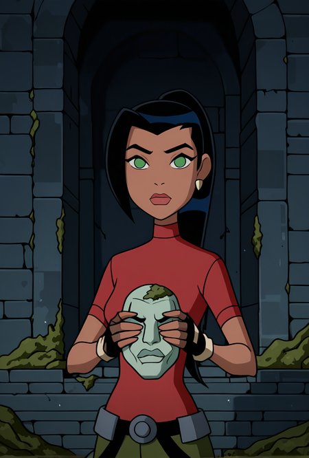 <lora:ovkai-10:1> ovkai, 1girl, long hair, black hair, dark skin, ponytail, earrings, lips, red shirt, short sleeves, turtleneck, green cargo shorts, fingerless gloves, looking at viewer, cartoon, screencap, inside ancient tomb, ancient temple, old temple, dark, moss, heliographic, wall writing, holding statue, dynamic pose,  amazing quality, best quality,