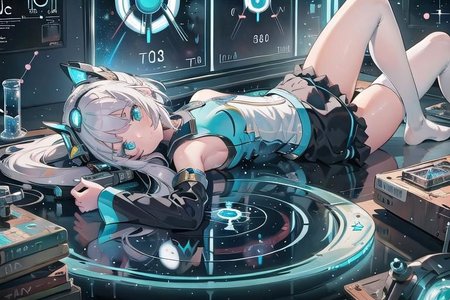(masterpiece), (science fiction:1.4), 1girl, lying on the back on a mirror, lying on the back on a mirror, lying on the back on a mirror, smile, silver hair, aqua eyes, headgear, long sleeves, detached sleeves, glowing energy clothing, light particles, energy particles, perfect hands, perfect legs