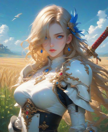 ,1girl, long hair, blonde hair, armor, solo, jewelry, earrings, outdoors, looking at viewer, sky, blurry background, blue eyes, blue sky, weapon, shoulder armor, belt, bangs, day, blurry, sword, hair ornament, lips, breastplate, dress, upper body, breasts, artist name, closed mouth, parted bangs, very long hair, grey eyes, gauntlets, standingï¼wheat field,pigeonï，hair over one eye, wallpaper, (score_9), score_8_up, score_7_up,Holy Silver White Armor,Hair covering one eye,Arrogant and cold and gorgeous,cold and ruthless gaze <lora:Expressive_H:1>
