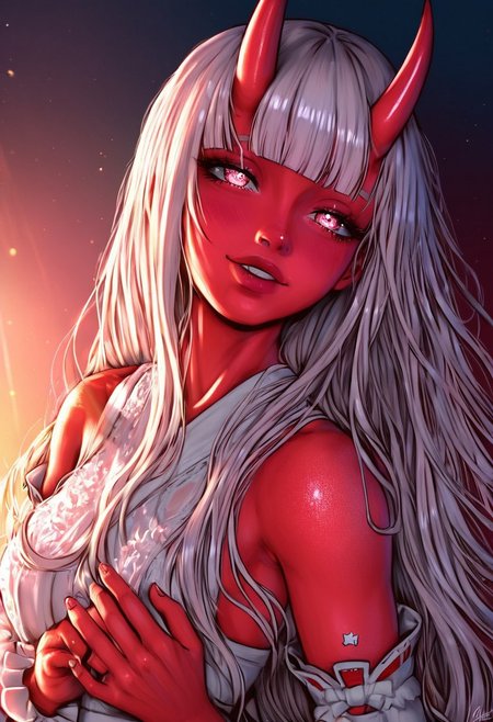 depth of field, focused subject, ((dynamic angle)), sexy pose, best quality, detailed eyes, perfect eyes, realistic eyes, 
HDR, 8K, high contrast, masterpiece, best quality, amazing quality, very aesthetic, superabsurd res, high resolution, ultra-detailed, absurdres, newest, scenery, (horikoshi kouhei:0.3), (quasarcake:0.3), (wlop:0.3), light rays, chiaroscuro, dynamic angle, backlighting, from above, dutch angle, fisheye, close up, masterpiece, best quality, good quality, newest, highres, absurdres, volumetric lighting,gradient color,
BREAK 
raytracing, volumetric lighting, ambient occlusion, Background, girl, 
BREAK
Aka-Oni, oni, colored skin, (red skin:1.3), straight horns, solo, long hair, hanfu, elegant hanfu,
blunt bangs, blush, long hair,  eyelashes, half-closed eyes, bare shoulders, hand grab, hands up, head tilt, ribbon, smile, detached sleeves, very awa, masterpiece, highres, absurdres, yandere, gesugao, blood on face, smeared blood, blood on hands, blood on fingers,Mysterious, BREAK, photorealistic, beautiful detailed eyes, detailed skin, detailed hair, volumetric lighting, dappled light, light particles, dramatic shadows, cinematic lighting, photo background, depth of field, 
BREAK, 
dynamic pose, 
movie perspective, black background, neon lines, neon circles, neon light, abstract background, dark background, ((dynamic lights)), artist:moriimee, (artist:Tsuaii:0.5),mamimi style