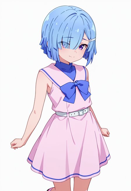 masterpiece,high quality details, absurdres,
 <lora:Imose_Mimika:0.8>
mimika_cnr, 1girl, blue hair, short hair, hair over one eye, purple eyes,eyes visible through hair,hairclip,
mimika_s1, sleeveless, pink dress, sailor collar, white belt, bow,bowtie,pink socks,mary janes,, simple background, white background, front view,solo,, expressionless,sad smile,, body twisted at midsection,weight shifted,focused gaze,