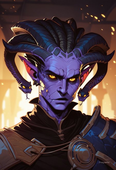 score_9, score_8_up, score_8, score_7_up, score_7, score_6_up, score_6, score_5_up, bulky tiefling, (black tipped horns:1.2), (snake hair, black snake hair), purple skin,  runes, shoulder armor, spikes, wizard robes, black clothing, claws, masculine face, wide jawline, emotionless expression, yellow eyes, vox machine style, 1boy, male focus, solo, close up portrait , fantasy, night background, (dynamic lighting:1.1)
((masterpiece))