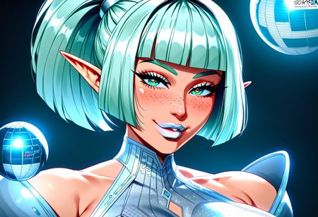 g4n1m3, huge breasts, white lipstick, bob cut ponytail, elf, sexy, perfect eyes, shimmering eyes, seductive smile, perfect hands, ornate, detailed and shaded, breasts, futuristic ball gown, feminine, beautiful,  posed, blushing hard, lightly freckled face, tight outfit,